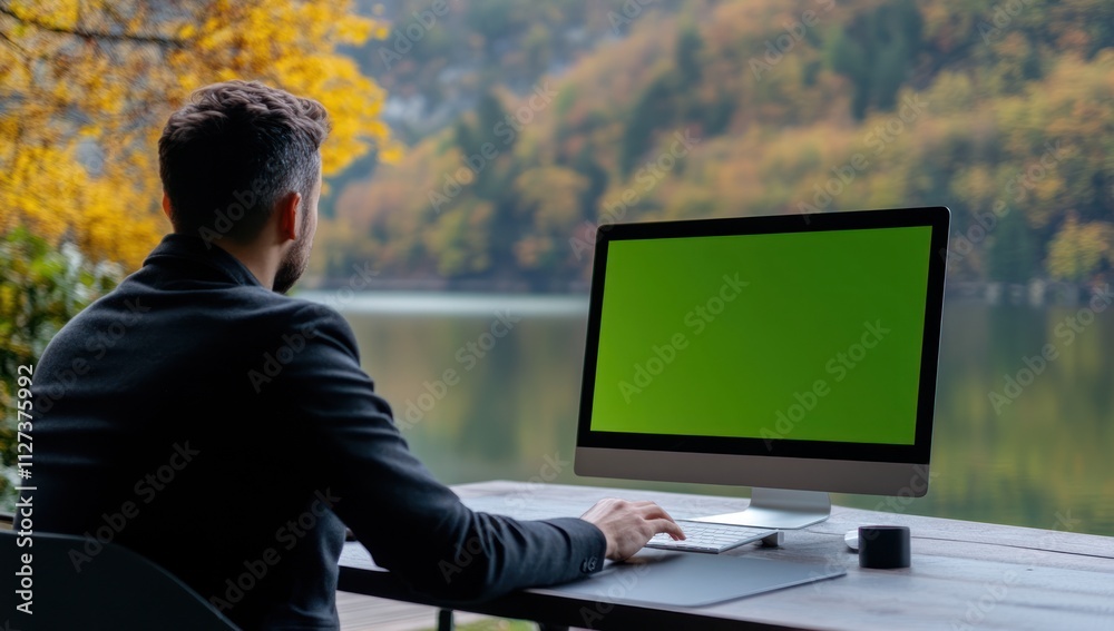 Fototapete A man working at a desk by a lake with a computer displaying a green screen.