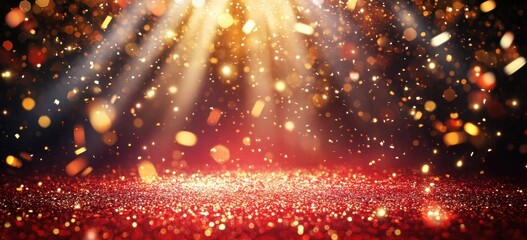 Fototapeta premium Red and gold glittering lights with a bokeh background and rays of light, golden confetti on a red abstract blurred stage backdrop Generative AI