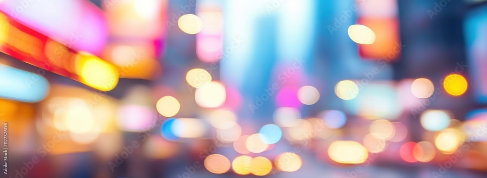 Poster a blurred cityscape with colorful lights creating a vibrant urban atmosphere.