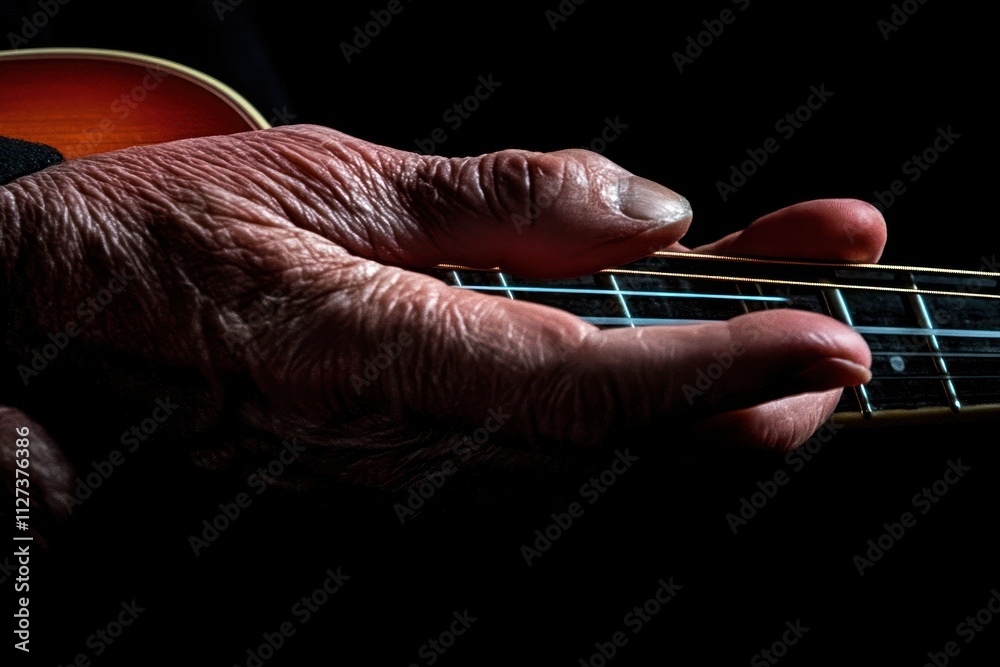 Poster a close-up of an aged hand playing a stringed instrument, highlighting musical expression.