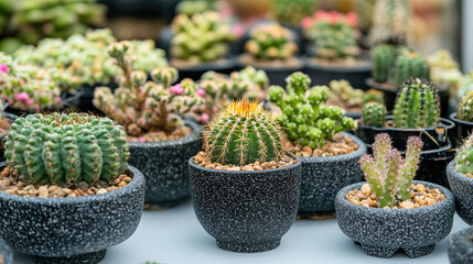 A beautiful collection of assorted cacti displayed in modern pots, enhanced by natural light