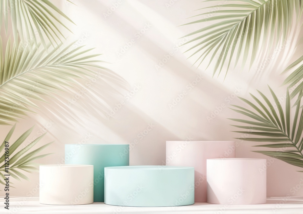 Poster soft pastel cylinders with palm leaves against a light background, creating a serene display.