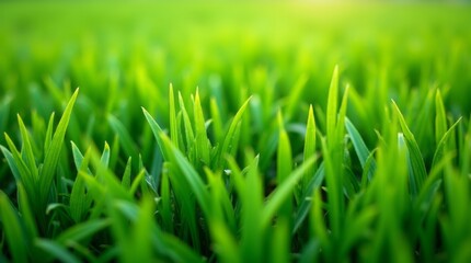 Fototapeta premium A close-up view of thick grass blades, showcasing their rich color and density, emphasizing the health and vitality of a well-maintained lawn