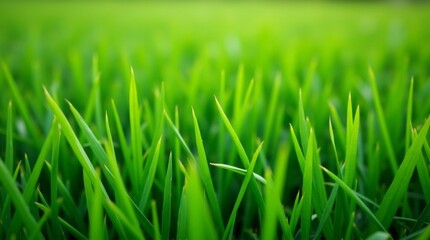 Obraz premium A close-up view of thick grass blades, showcasing their rich color and density, emphasizing the health and vitality of a well-maintained lawn