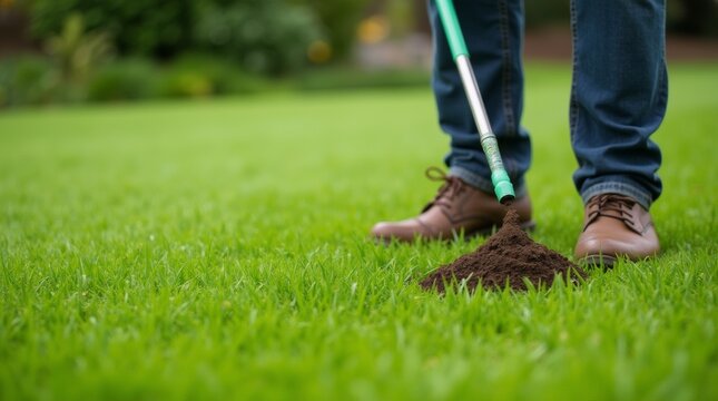 A gardener applying fertilizer to a lush green lawn, demonstrating the process of lawn fertilization for healthy grass growth and vibrant color