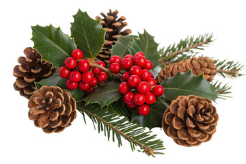 Christmas decoration of holly berry and pine cone isolated on transparent background