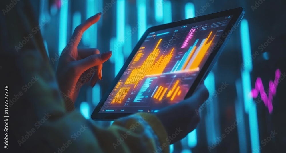 Aufkleber A person interacts with a tablet displaying colorful data visualizations.