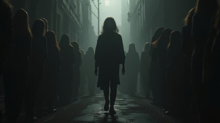 harsh realities of human trafficking, featuring a shadowy figure symbolizing victims