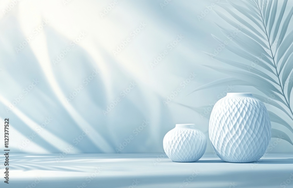 Poster two textured white vases against a soft, light background with gentle shadows.