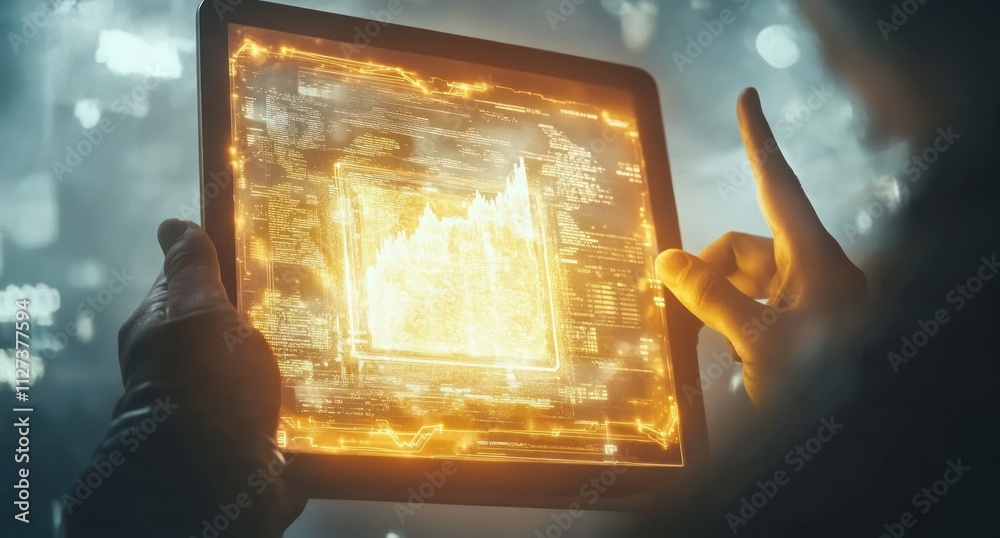 Leinwandbilder A futuristic display showing data trends on a glowing tablet, suggesting advanced technology use.