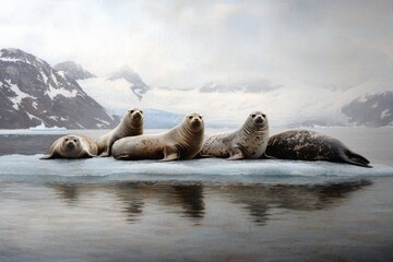 Naklejka premium A group of seals are sitting on top of a large sheet of ice