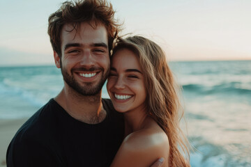 Fototapeta premium A man and woman are smiling and hugging on a beach