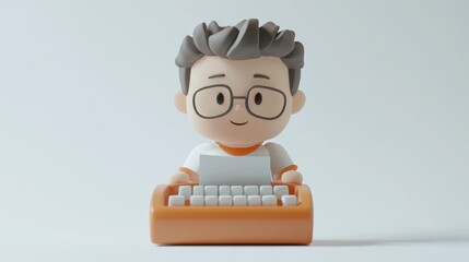 A cute cartoon character typing on an orange typewriter, representing creativity and writing.