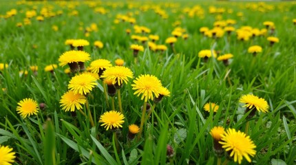 Fototapeta premium lawn dotted with bright yellow dandelions, showcasing the contrast between the lush green grass and the cheerful flowers