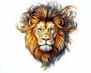 Naklejka premium Majestic lion head with flowing mane, vibrant colors, artistic style.