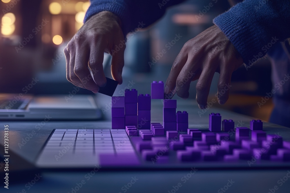 Poster hands assembling purple blocks on a table with a laptop nearby, suggesting creativity or design.
