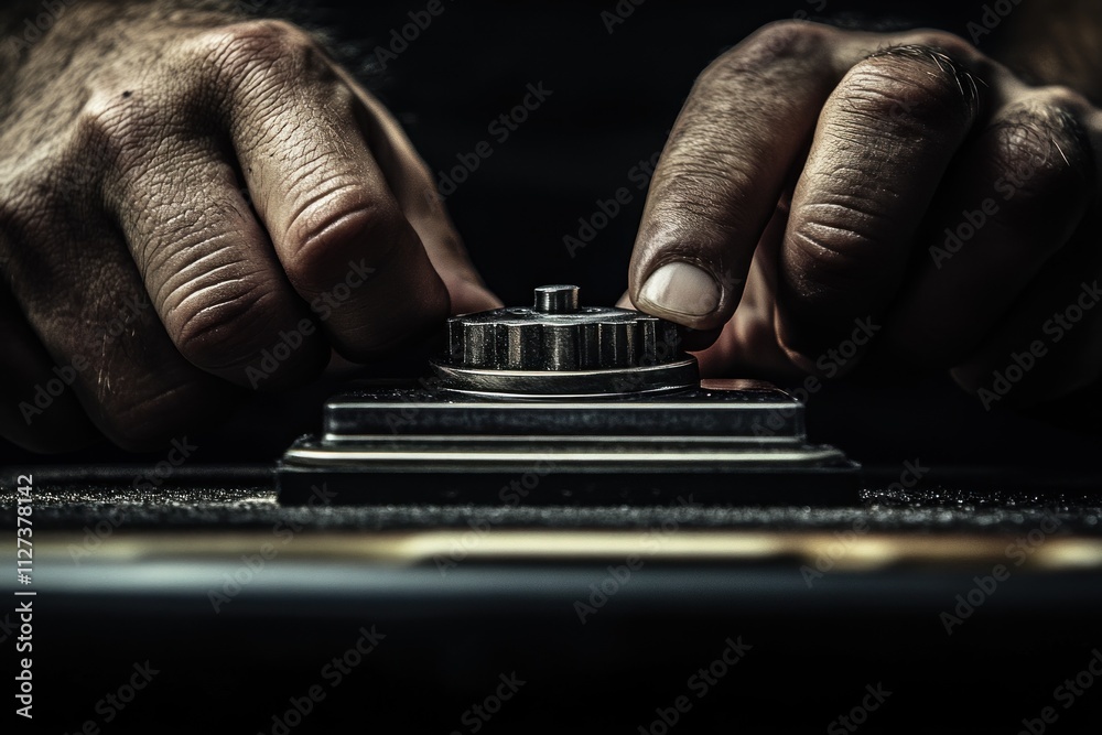 Poster Close-up of hands adjusting a control knob, suggesting precision and focus.