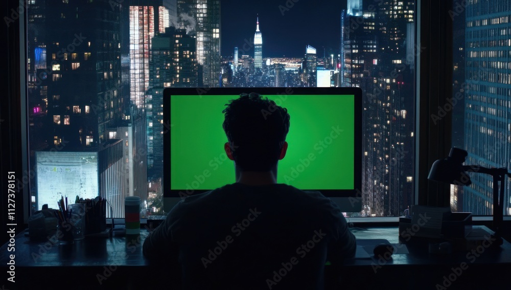 Poster a person sits in front of a computer with a green screen, overlooking a city skyline at night.