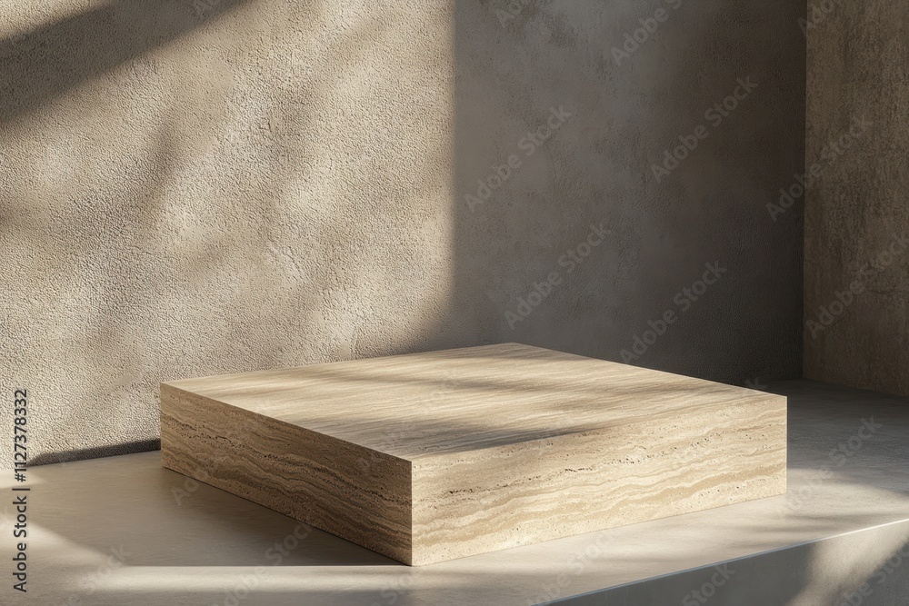 Aufkleber a minimalist display platform with soft lighting and textured walls.