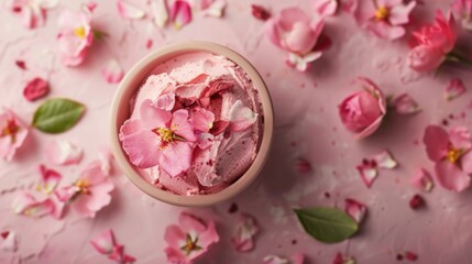 Fototapeta premium Pink floral dessert with scattered petals on pastel background