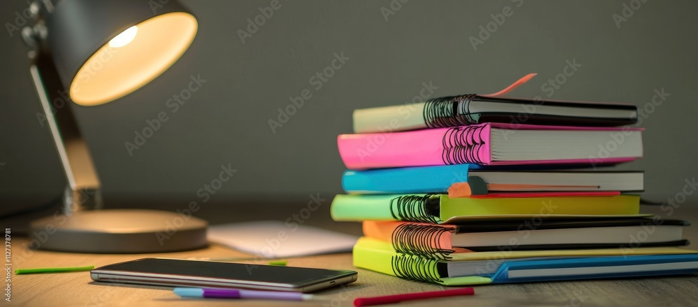 Poster a workspace scene with stacked notebooks, a smartphone, and a lamp.