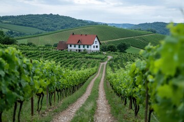Naklejka premium A house sits in the middle of a vineyard, surrounded by green vines