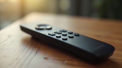 Close-up of a sleek, modern remote control with sharp button details, illuminated by soft natural light, showcasing its minimalist and functional design.