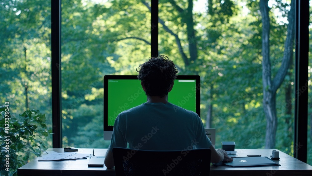 Leinwandbilder A person working at a desk with a computer in a nature-filled environment.