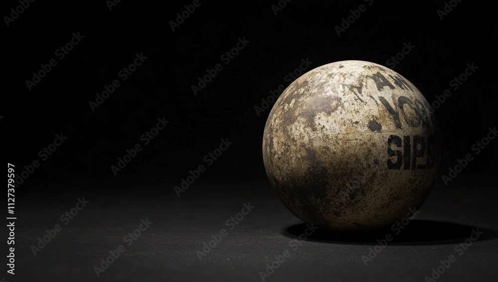 Aufkleber a weathered ball resting on a dark surface, suggesting age and use in sports.