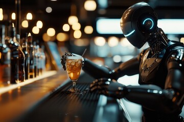 A robot bartender is holding a glass of beer