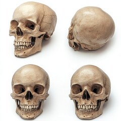 4 skulls, front view, side view, top view, bottom view, white background