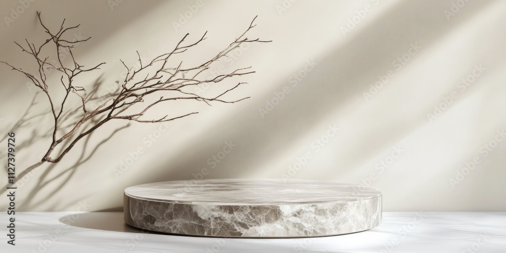 Aufkleber A minimalist display featuring a round marble platform and a delicate branch against soft lighting.