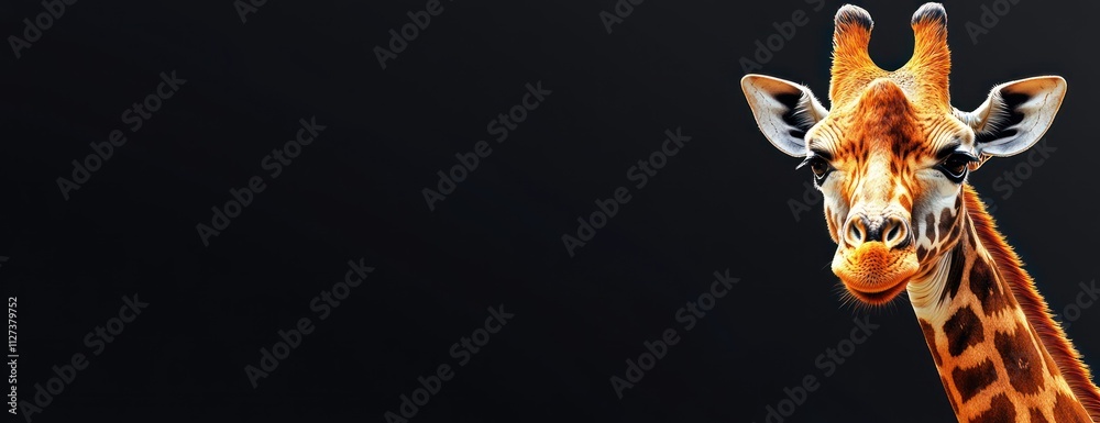 Poster A giraffe with a playful expression against a dark background.