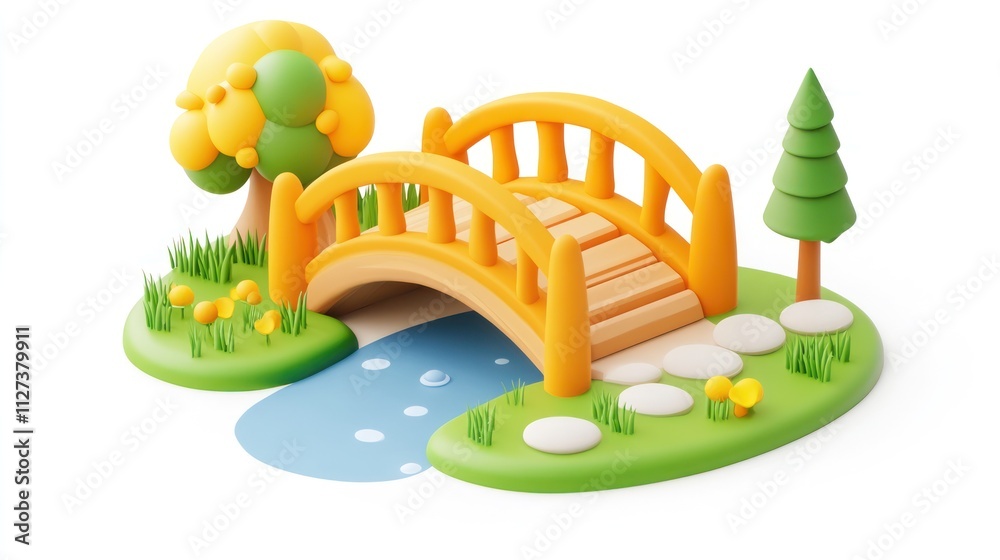 Aufkleber a colorful, stylized bridge over a small stream with trees and flowers in a playful landscape.