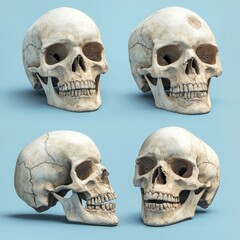 4 skulls in different angles, blue background