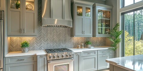 Stylish kitchen with chrome appliances and a stunning herringbone backsplash for a modern culinary space