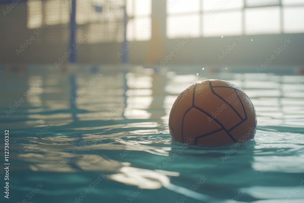 Poster A basketball partially submerged in a pool, reflecting light and creating a serene atmosphere.