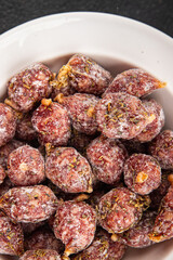 small smoked sausages appetizer mini salami sausage kabanosy fast food fresh tasty food dish delicious gourmet food background on the table rustic food top view copy space