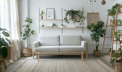 A bright minimalist living room with a sleek white sofa, wooden coffee table, and floating shelves adorned with lush green plants. The natural light and neutral tones create a serene and modern atmosp