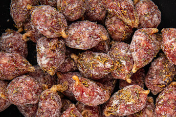 small smoked sausages appetizer mini salami sausage kabanosy fast food fresh tasty food dish delicious gourmet food background on the table rustic food top view copy space