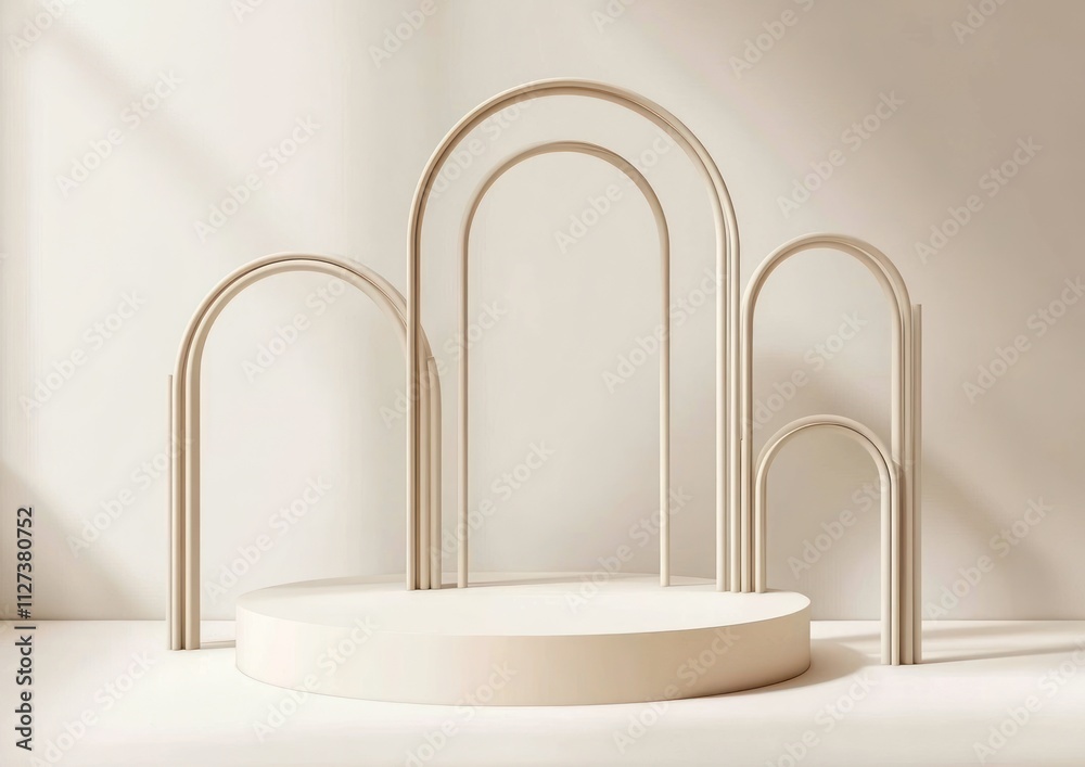 Poster Minimalist display featuring curved arches and a circular platform in soft tones.