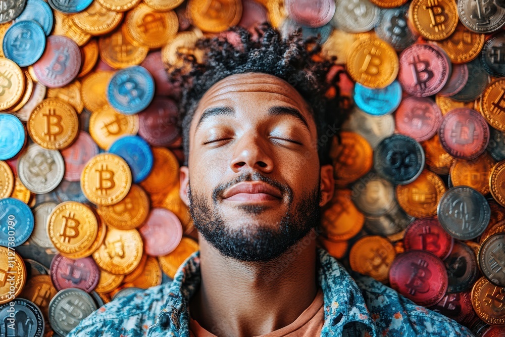 Poster surreal financial image of a man surrounded by vibrant bitcoin tokens, perfect for innovative brandi