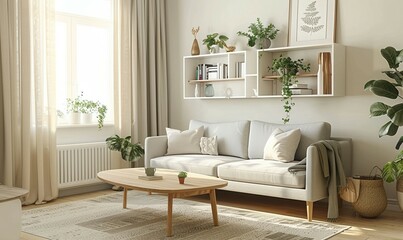 A bright minimalist living room with a sleek white sofa, wooden coffee table, and floating shelves adorned with lush green plants. The natural light and neutral tones create a serene and modern