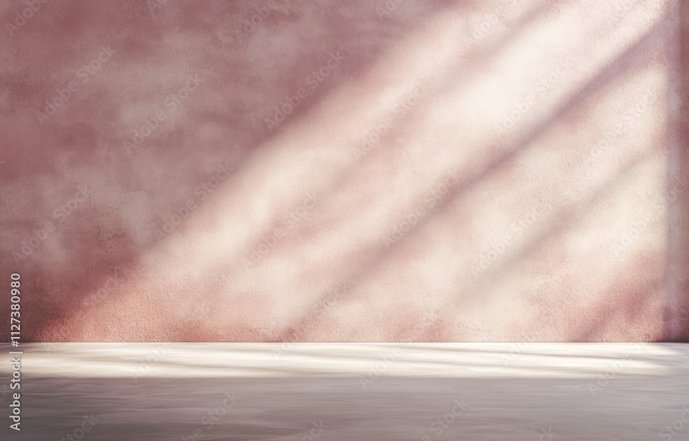 Poster a minimalist interior scene with a textured pink wall and soft light patterns.