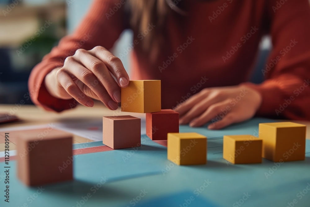 Leinwandbilder a person stacking colorful blocks on a table, engaging in a creative activity.