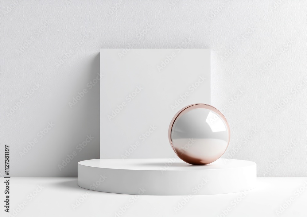 Aufkleber A minimalistic display featuring a reflective sphere on a circular pedestal against a white backdrop.