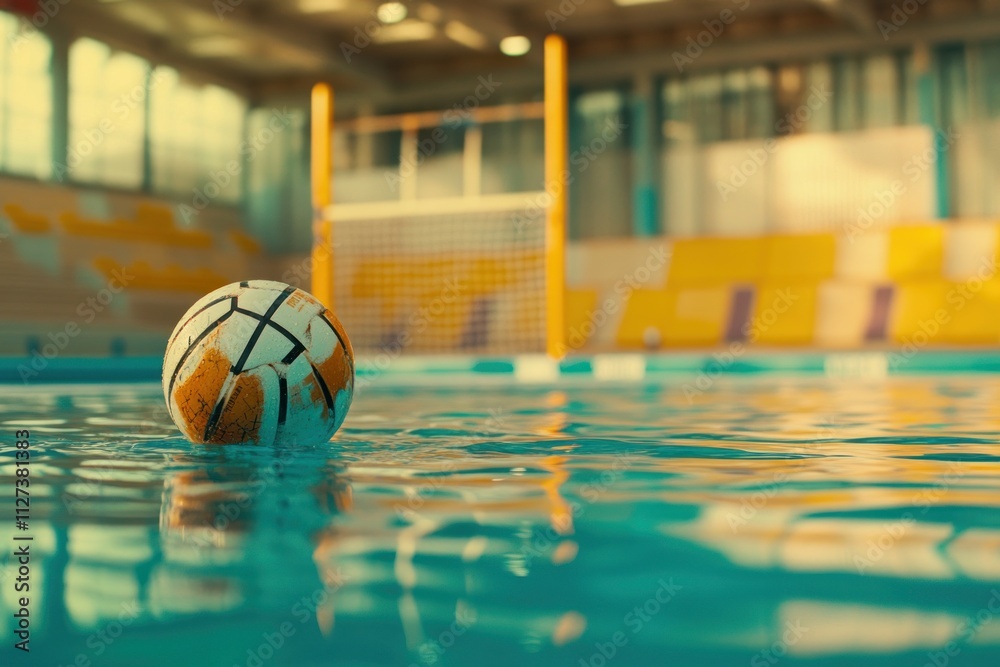 Poster a water polo ball floating in a pool with a goal in the background.