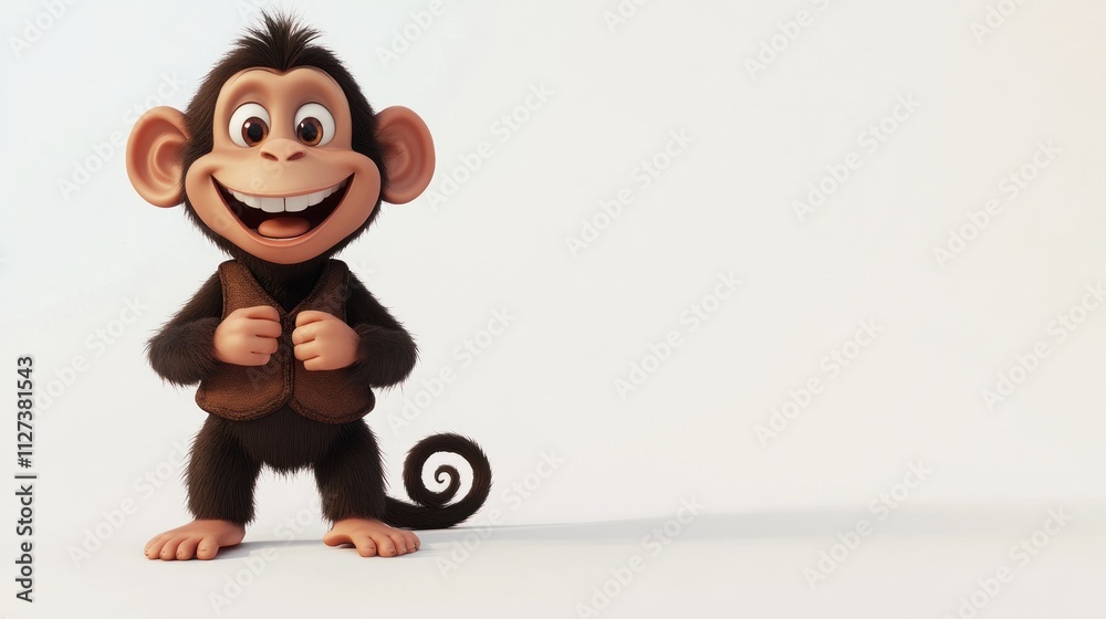 Poster a cheerful cartoon monkey character with a playful expression, standing against a plain background.