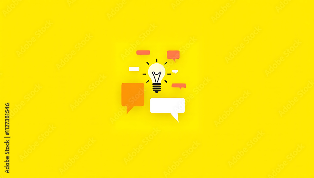Wall mural concepts of idea and creativity are depicted with lightbulb and speech bubbles on a bright yellow ba