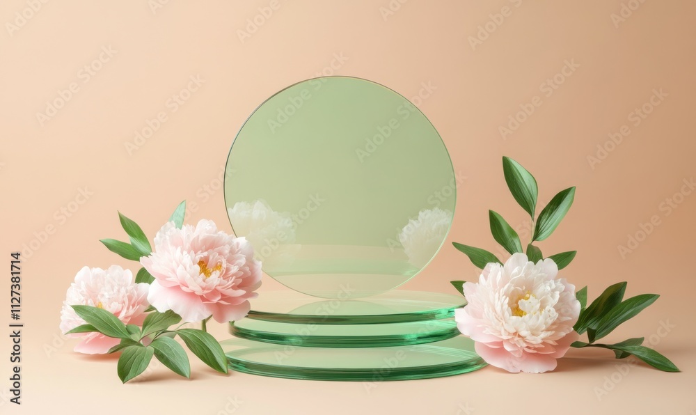 Poster A serene display featuring green glass and pink peonies on a soft background.